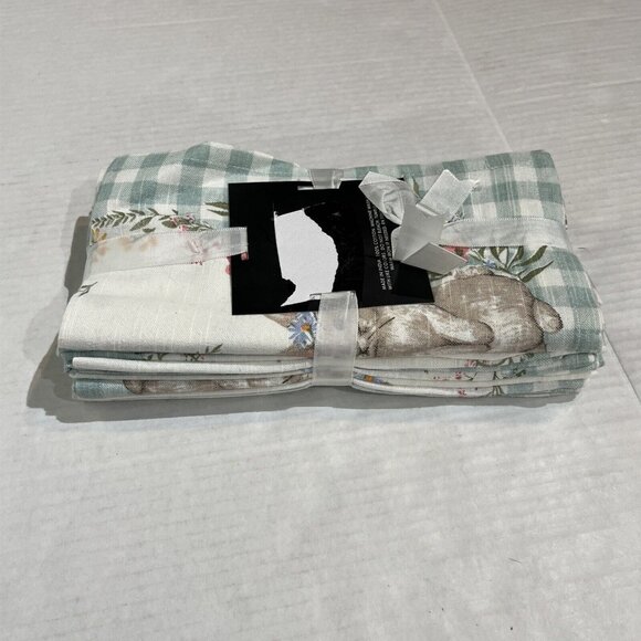 Tahari Home‎ Cloth Napkins Easter Dinner Holiday Green Plaid Bunny Floral Set 8 - Picture 8 of 11